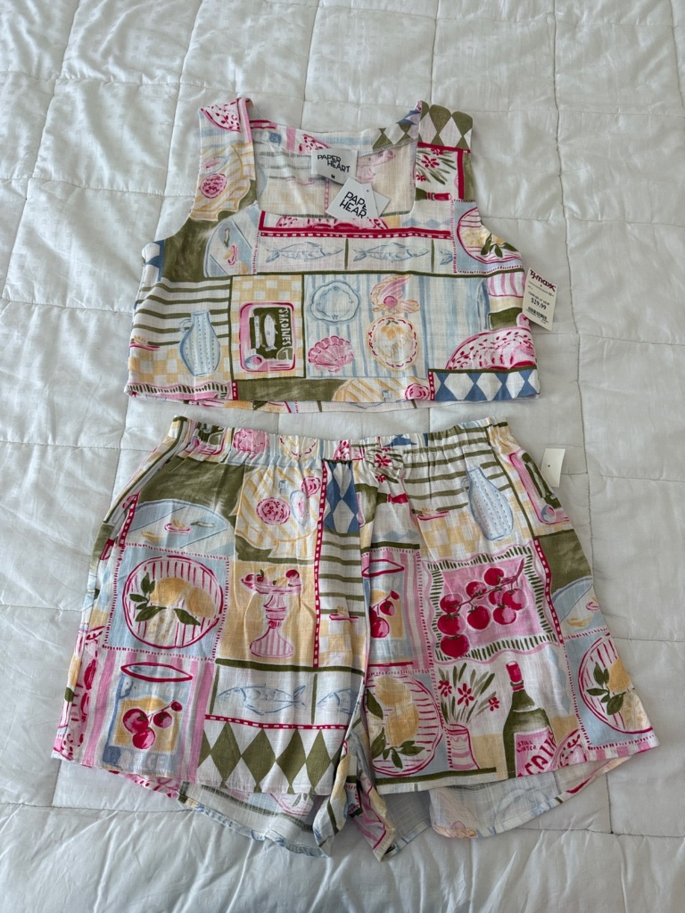 Paper Heart Pink Multi Printed Crop Tank and Shorts Set